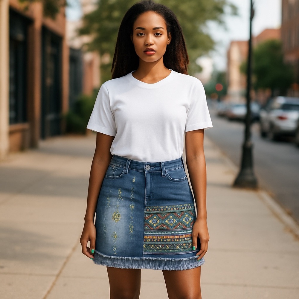 Hydraulic SOHO Blue denim Embroidered multi colored Skirt with fringe hem